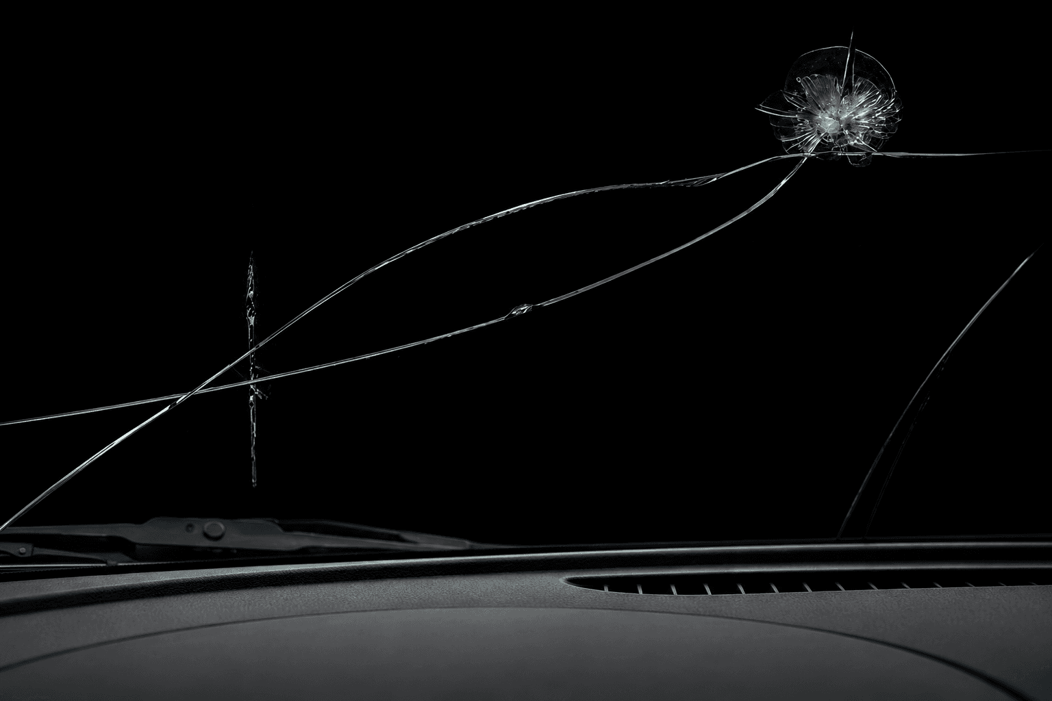 Cracked windshield viewed from inside the vehicle